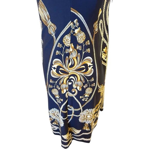 Cache VTG Rope Tassel Print Halter Dress XS Gold Metal Cinch Old Money Blue - Picture 3 of 5